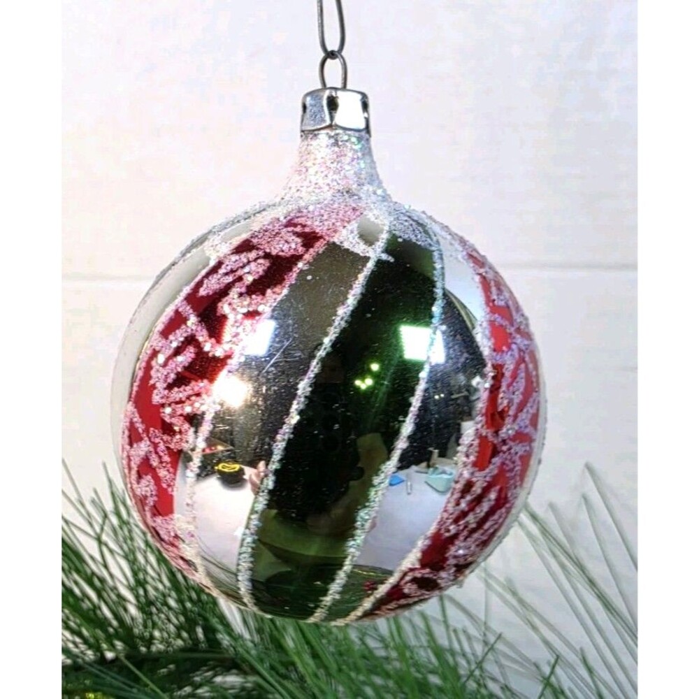 Vtg Glass Twisted Candy Striped Poland Xmas Ornament Green Red Silver Glitter